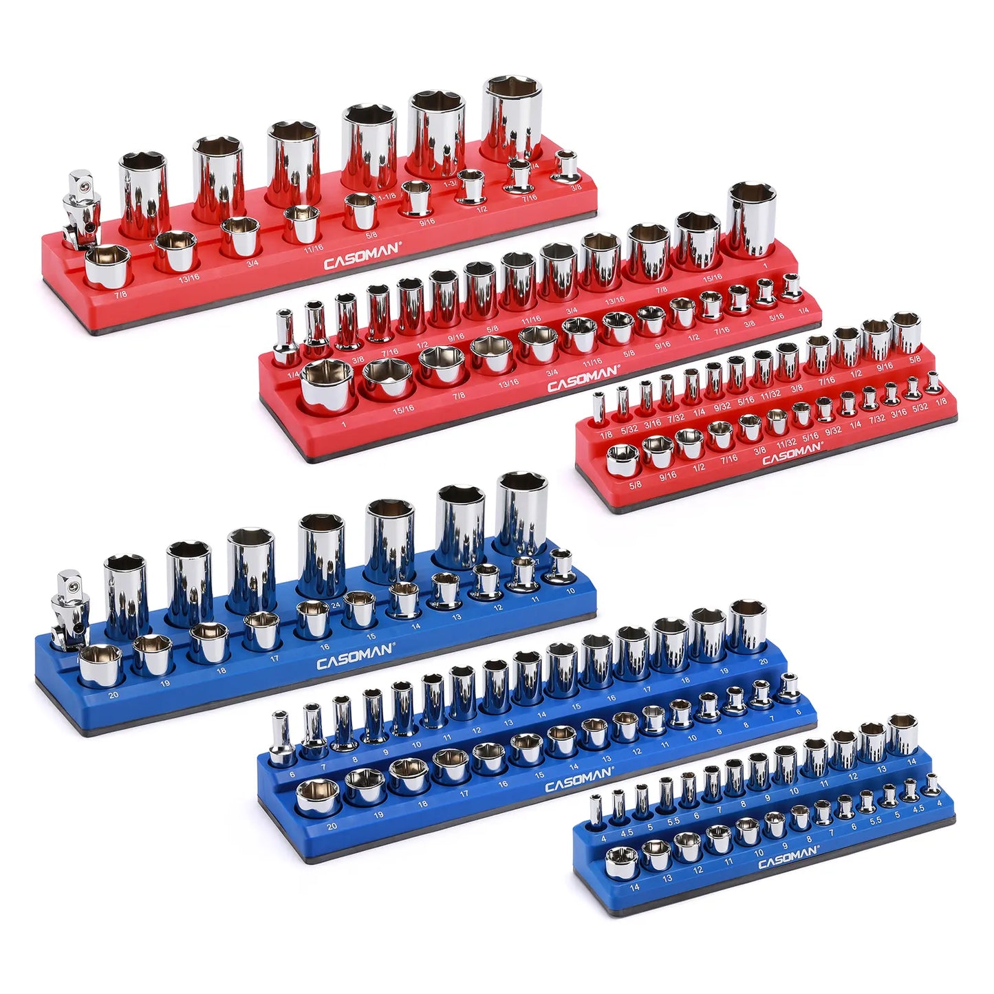 6-Piece Magnetic Socket Holder Set, 1/2", 3/8" & 1/4" Drive, Stores Up to 143 SAE & Metric Sockets, Heavy-Duty Magnetic Base, Red & Blue, Professional Toolbox Organizer