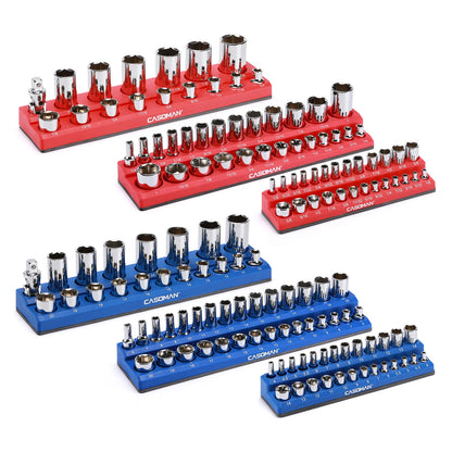 6-Piece Magnetic Socket Holder Set, 1/2", 3/8" & 1/4" Drive, Stores Up to 143 SAE & Metric Sockets, Heavy-Duty Magnetic Base, Red & Blue, Professional Toolbox Organizer