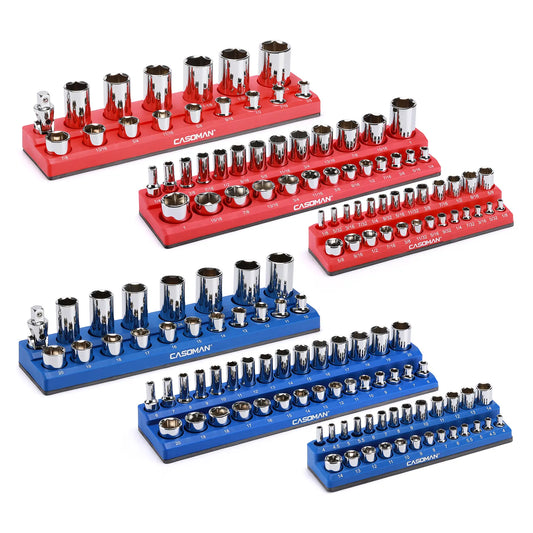 6-Piece Magnetic Socket Holder Set, 1/2", 3/8" & 1/4" Drive, Stores Up to 143 SAE & Metric Sockets, Heavy-Duty Magnetic Base, Red & Blue, Professional Toolbox Organizer