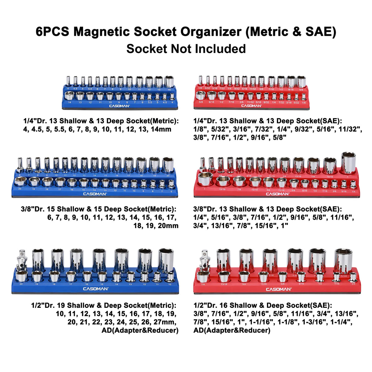 6-Piece Magnetic Socket Holder Set, 1/2", 3/8" & 1/4" Drive, Stores Up to 143 SAE & Metric Sockets, Heavy-Duty Magnetic Base, Red & Blue, Professional Toolbox Organizer
