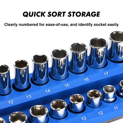 6-Piece Magnetic Socket Holder Set, 1/2", 3/8" & 1/4" Drive, Stores Up to 143 SAE & Metric Sockets, Heavy-Duty Magnetic Base, Red & Blue, Professional Toolbox Organizer