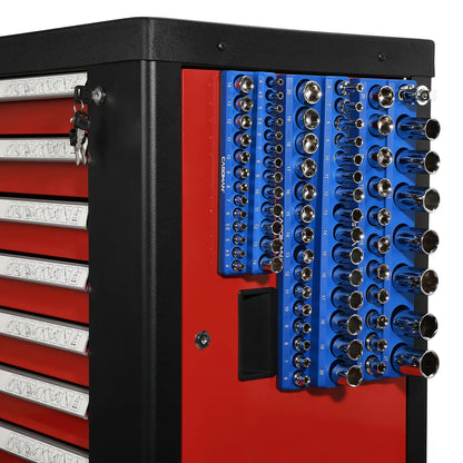 6-Piece Magnetic Socket Holder Set, 1/2", 3/8" & 1/4" Drive, Stores Up to 143 SAE & Metric Sockets, Heavy-Duty Magnetic Base, Red & Blue, Professional Toolbox Organizer