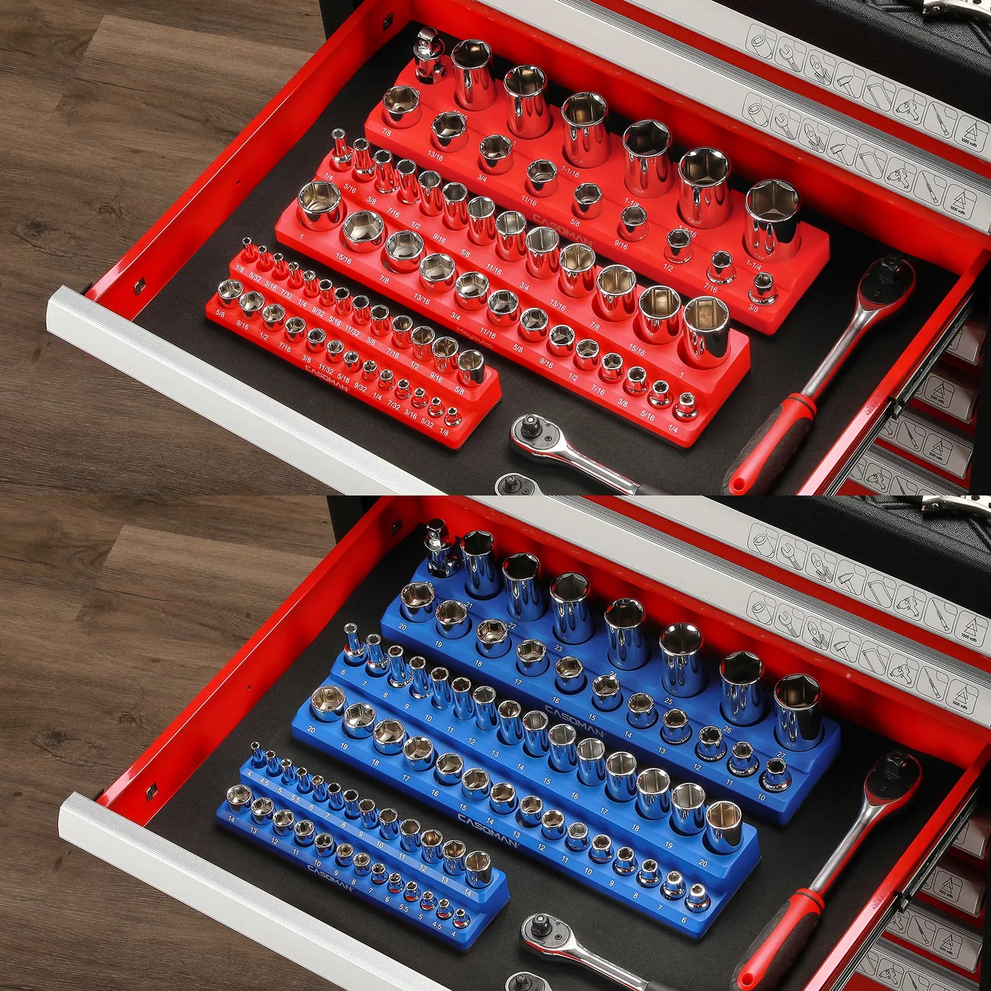 6-Piece Magnetic Socket Holder Set, 1/2", 3/8" & 1/4" Drive, Stores Up to 143 SAE & Metric Sockets, Heavy-Duty Magnetic Base, Red & Blue, Professional Toolbox Organizer