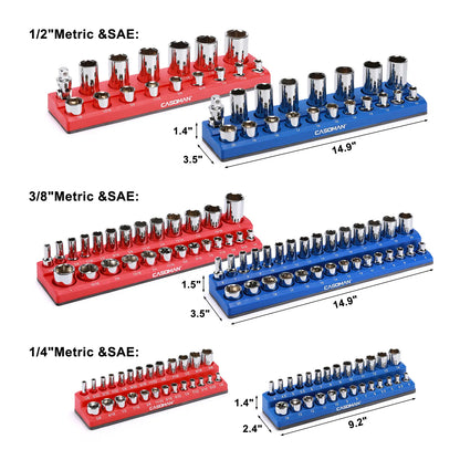 6-Piece Magnetic Socket Holder Set, 1/2", 3/8" & 1/4" Drive, Stores Up to 143 SAE & Metric Sockets, Heavy-Duty Magnetic Base, Red & Blue, Professional Toolbox Organizer